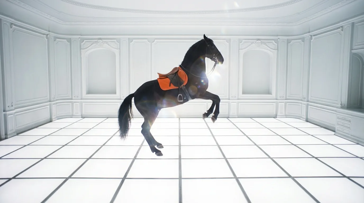 Caballo cinematográfico con saddle naranja